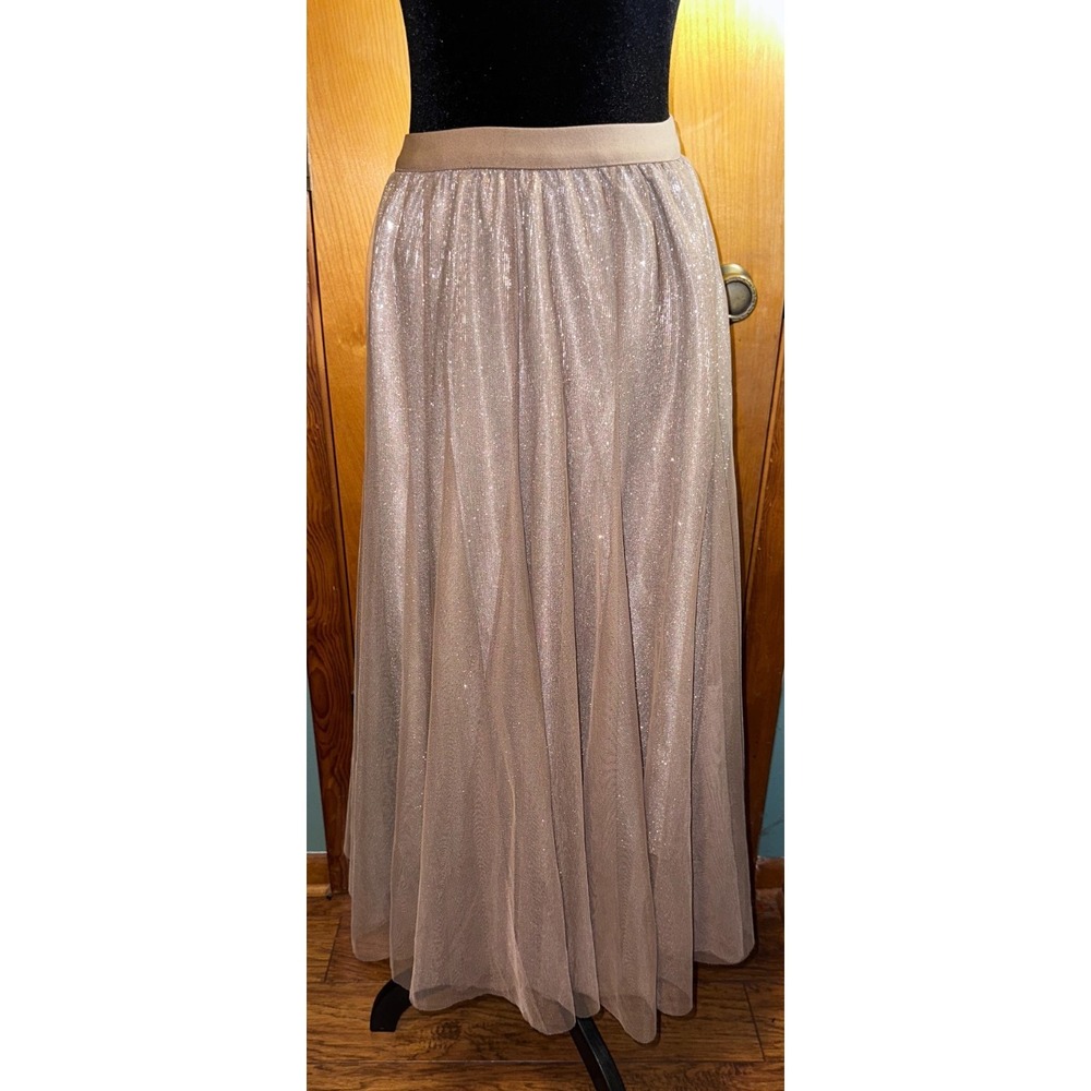 Taupe Glitter Tulle Maxi Skirt Elastic Waist Holiday Cocktail Party XS